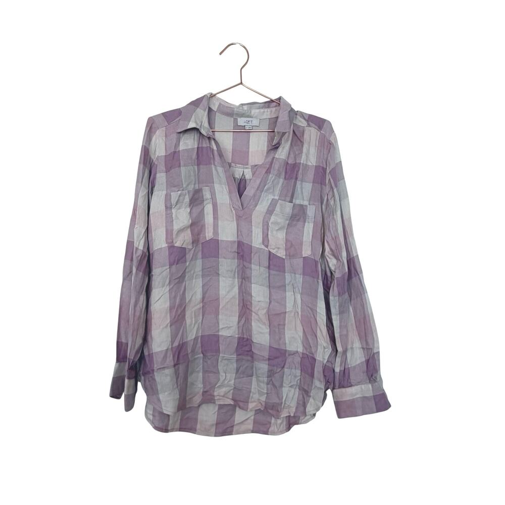 LOFT Lavender Plaid V-Neck Buttonless Utility Shirt - Women soft Violet viscose